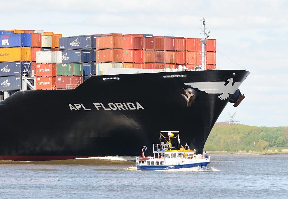 7127 Bug des Containerschiffs APL FLORIDA Motorboot in Fahrt | Bilder von Schiffen im Hafen Hamburg und auf der Elbe